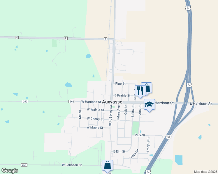 map of restaurants, bars, coffee shops, grocery stores, and more near North 1st Street in Auxvasse
