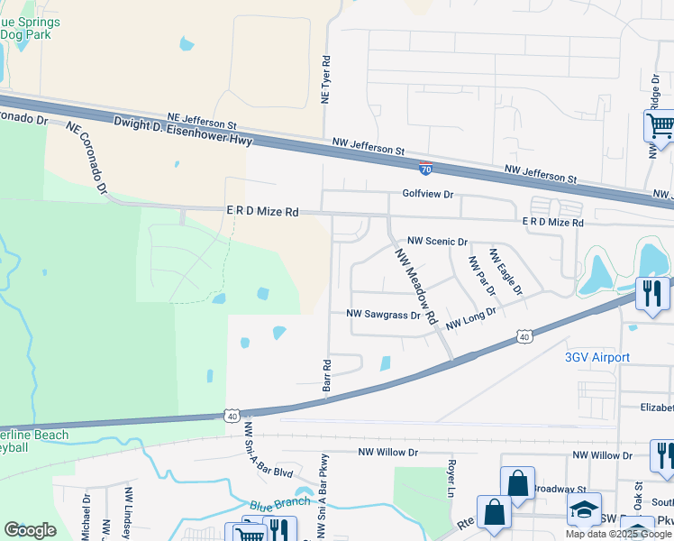 map of restaurants, bars, coffee shops, grocery stores, and more near 211 Barr Road in Grain Valley