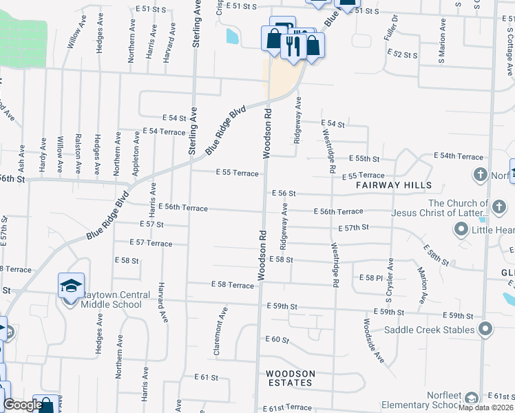 map of restaurants, bars, coffee shops, grocery stores, and more near 5616 Woodson Road in Raytown
