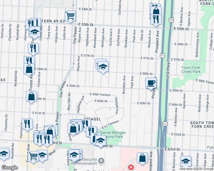 map of restaurants, bars, coffee shops, grocery stores, and more near 1851 East 59th Street in Kansas City