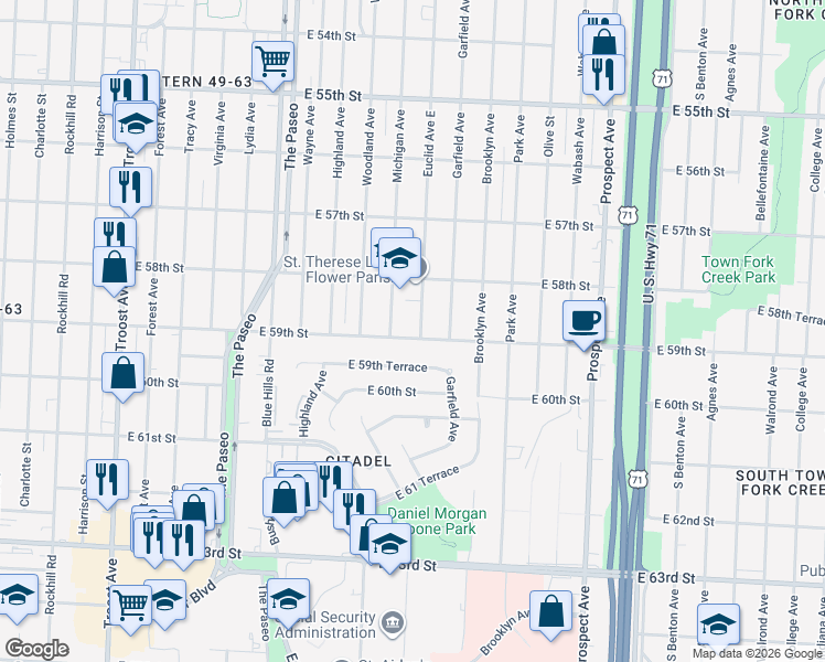map of restaurants, bars, coffee shops, grocery stores, and more near 1851 East 59th Street in Kansas City