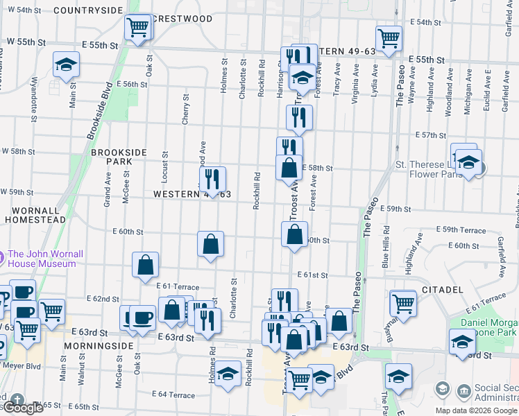 map of restaurants, bars, coffee shops, grocery stores, and more near 5915 Rockhill Road in Kansas City