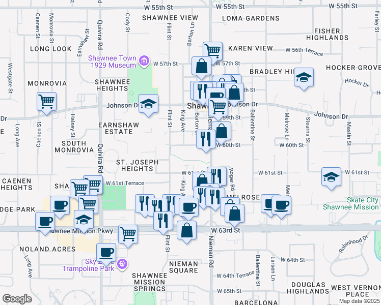 map of restaurants, bars, coffee shops, grocery stores, and more near 6012 Barton Street in Shawnee