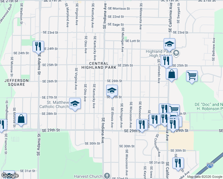 map of restaurants, bars, coffee shops, grocery stores, and more near 2630 Southeast Illinois Avenue in Topeka