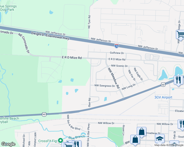 map of restaurants, bars, coffee shops, grocery stores, and more near 207 Barr Road in Grain Valley