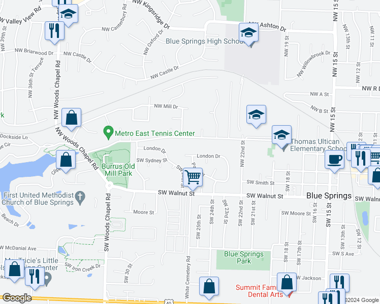 map of restaurants, bars, coffee shops, grocery stores, and more near 2513 London Drive in Blue Springs