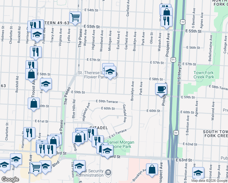 map of restaurants, bars, coffee shops, grocery stores, and more near 1851 East 59th Street in Kansas City