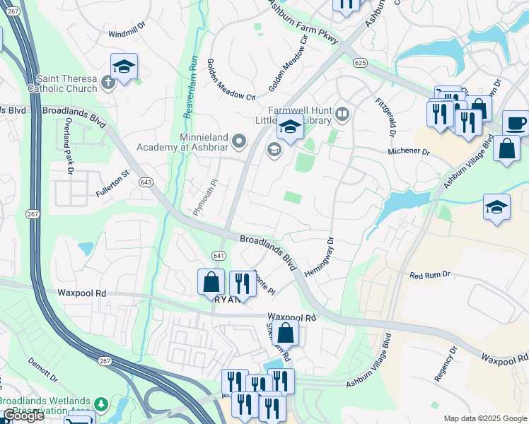 map of restaurants, bars, coffee shops, grocery stores, and more near 43625 Winthrop Court in Ashburn