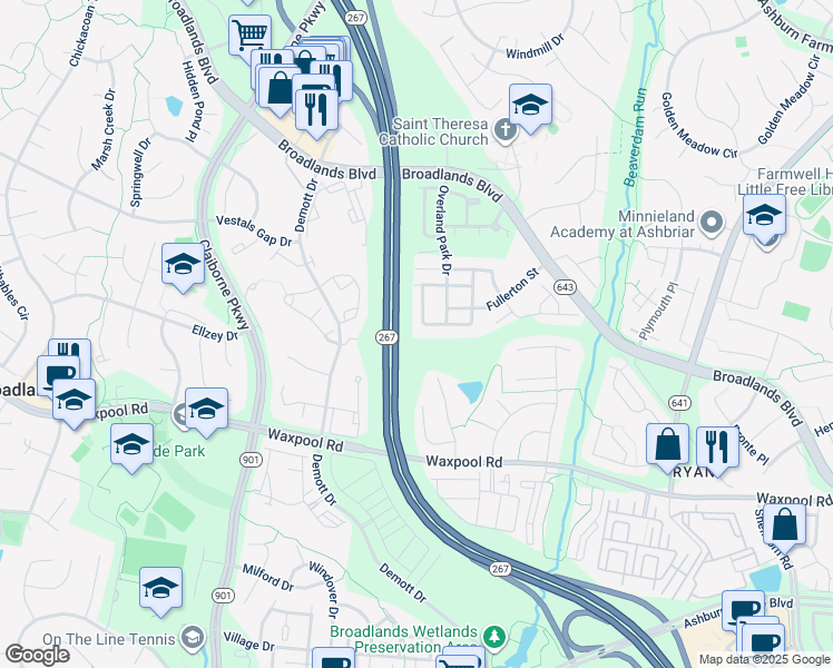 map of restaurants, bars, coffee shops, grocery stores, and more near 21606 Merion Street in Ashburn