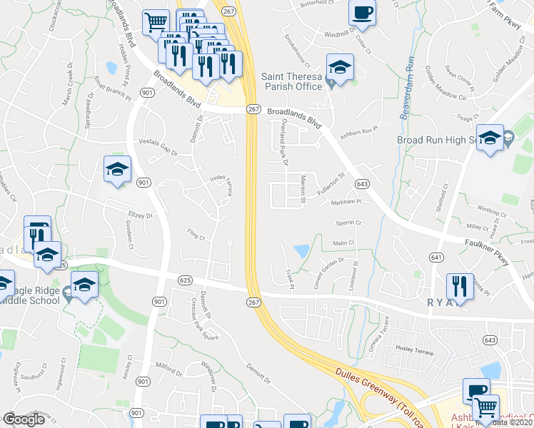 map of restaurants, bars, coffee shops, grocery stores, and more near 21606 Merion Street in Ashburn