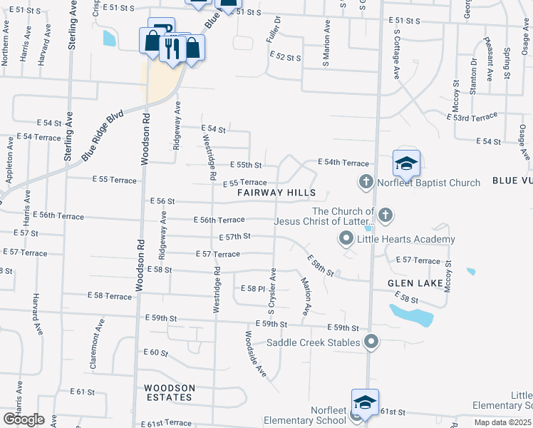 map of restaurants, bars, coffee shops, grocery stores, and more near 12215 East 56th Terrace in Kansas City