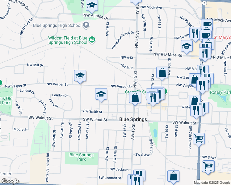 map of restaurants, bars, coffee shops, grocery stores, and more near 109 Northwest 17th Street in Blue Springs
