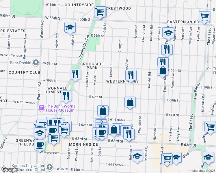 map of restaurants, bars, coffee shops, grocery stores, and more near 5912 Locust Street in Kansas City
