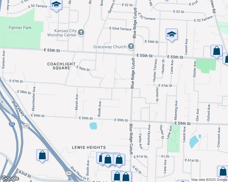 map of restaurants, bars, coffee shops, grocery stores, and more near 8641 East 57 Street in Kansas City