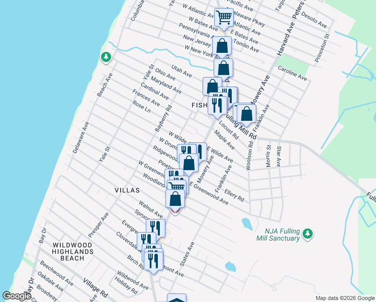 map of restaurants, bars, coffee shops, grocery stores, and more near 35 Ridgewood Avenue in Lower Township