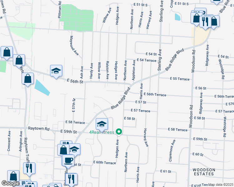 map of restaurants, bars, coffee shops, grocery stores, and more near 10629 East 56th Terrace in Raytown