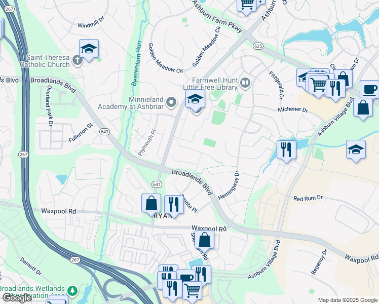 map of restaurants, bars, coffee shops, grocery stores, and more near 43625 Winthrop Court in Ashburn