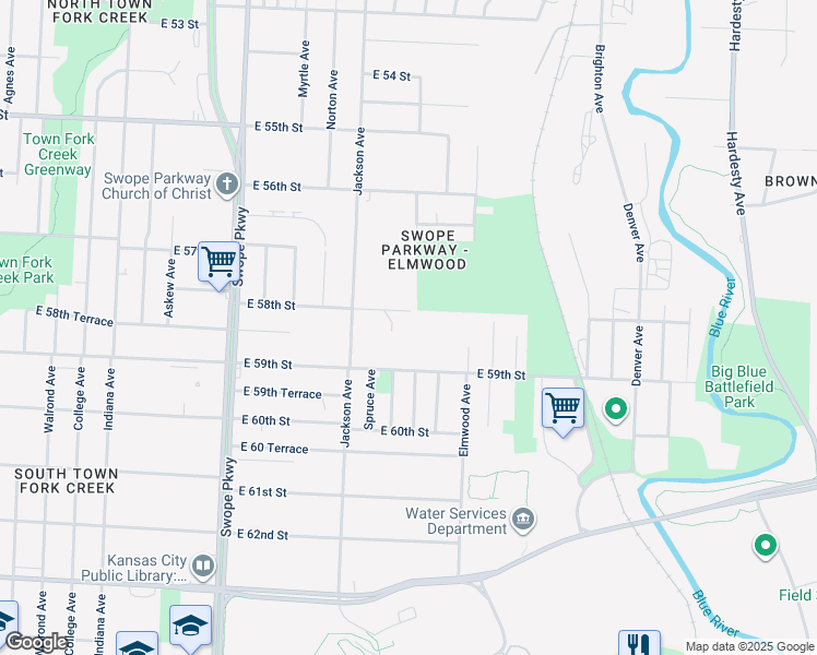map of restaurants, bars, coffee shops, grocery stores, and more near 4311 East 58th Street in Kansas City