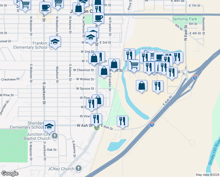 map of restaurants, bars, coffee shops, grocery stores, and more near 400 South Franklin Street in Junction City