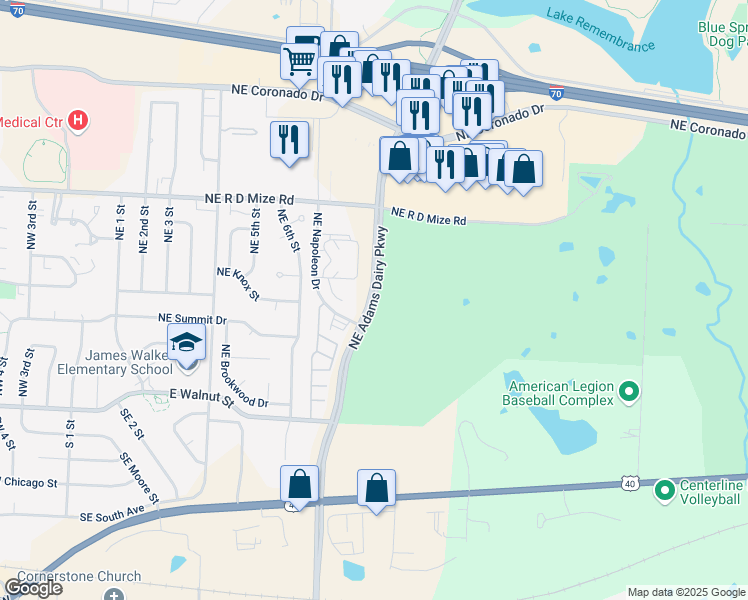 map of restaurants, bars, coffee shops, grocery stores, and more near 457 Northeast Adams Dairy Parkway in Blue Springs