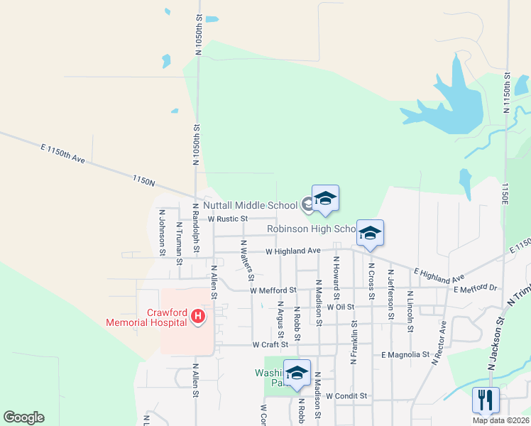 map of restaurants, bars, coffee shops, grocery stores, and more near 601-799 West Rustic Street in Robinson