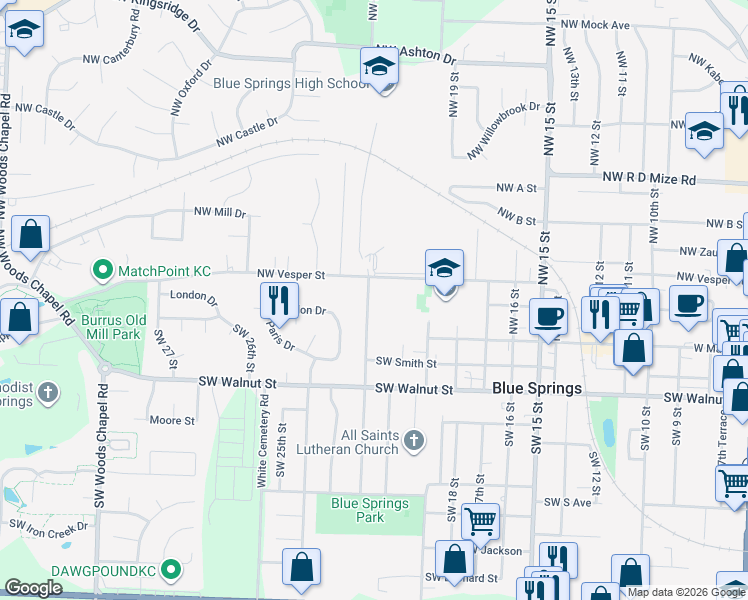 map of restaurants, bars, coffee shops, grocery stores, and more near 104 Northwest 22nd Street in Blue Springs