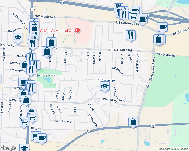 map of restaurants, bars, coffee shops, grocery stores, and more near 305 Northeast Summit Drive in Blue Springs