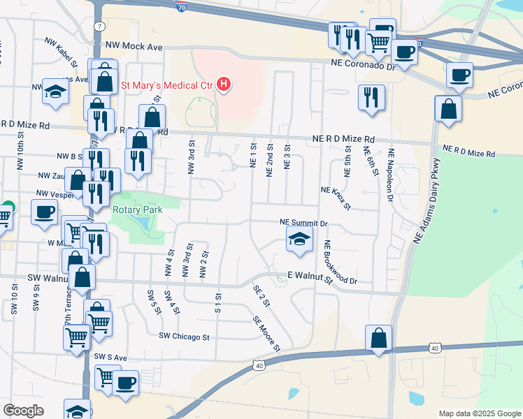 map of restaurants, bars, coffee shops, grocery stores, and more near 305 Northeast Summit Drive in Blue Springs