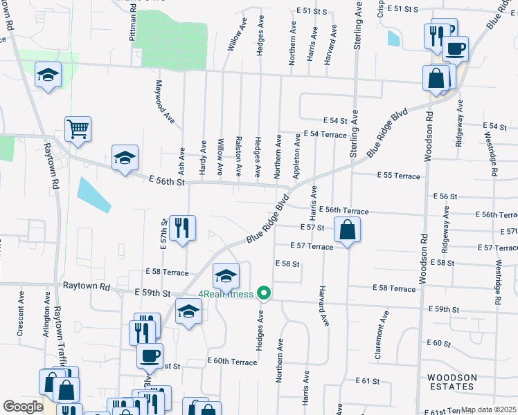 map of restaurants, bars, coffee shops, grocery stores, and more near 10629 East 56th Terrace in Raytown