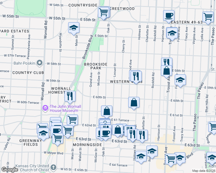 map of restaurants, bars, coffee shops, grocery stores, and more near 5912 Locust Street in Kansas City