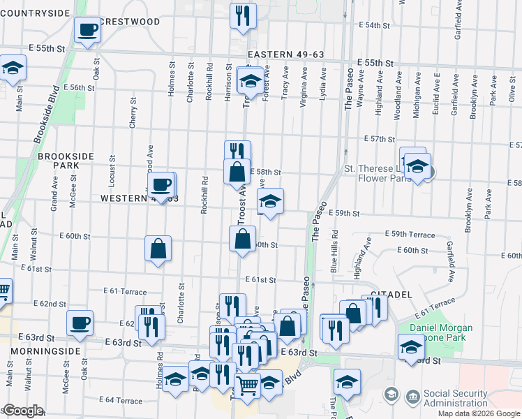 map of restaurants, bars, coffee shops, grocery stores, and more near Forest Avenue & East 59th Street in Kansas City