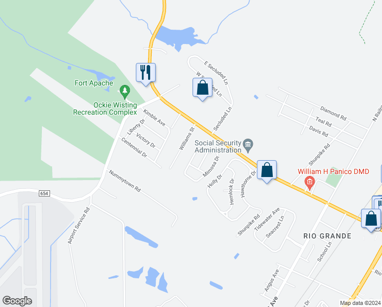 map of restaurants, bars, coffee shops, grocery stores, and more near 23 Mimosa Drive in Middle Township