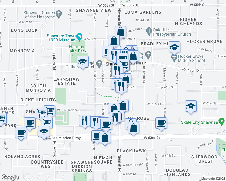 map of restaurants, bars, coffee shops, grocery stores, and more near 11110 West 60th Street in Shawnee