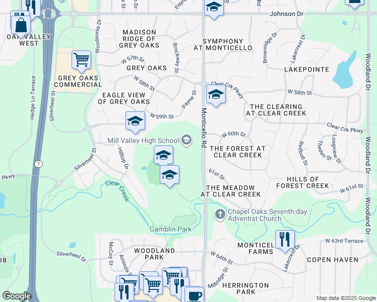 map of restaurants, bars, coffee shops, grocery stores, and more near 5900 Monticello Road in Shawnee