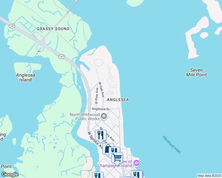 map of restaurants, bars, coffee shops, grocery stores, and more near in North Wildwood