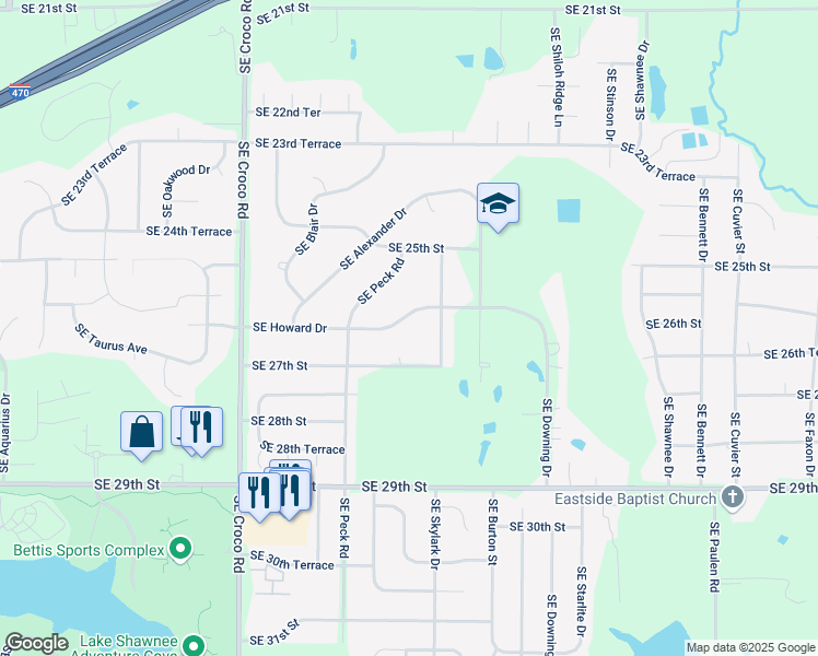 map of restaurants, bars, coffee shops, grocery stores, and more near 2637 Southeast Connie Drive in Topeka