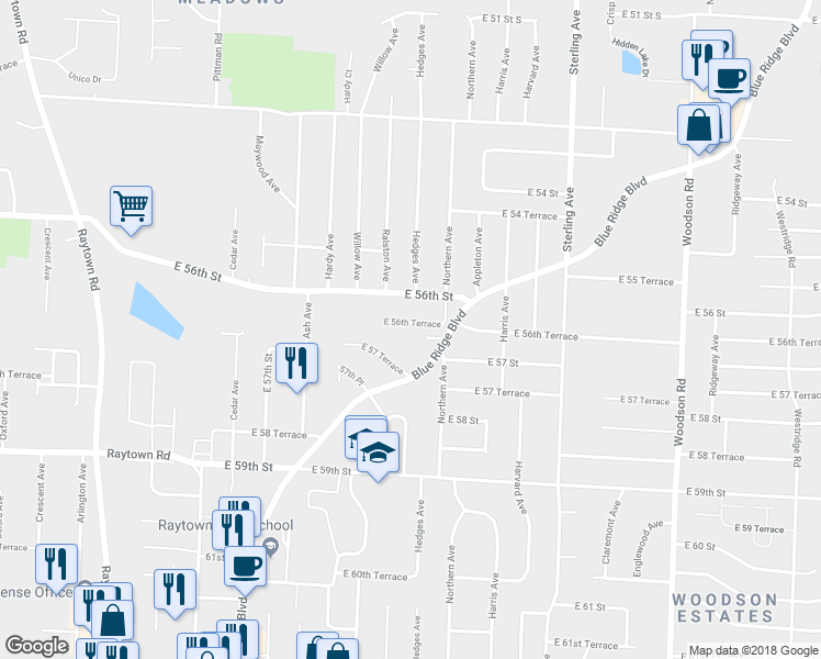 map of restaurants, bars, coffee shops, grocery stores, and more near 10629 East 56th Terrace in Raytown