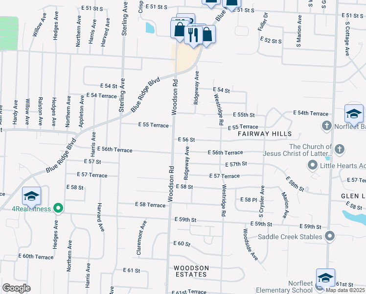 map of restaurants, bars, coffee shops, grocery stores, and more near 5616 Ridgeway Avenue in Kansas City