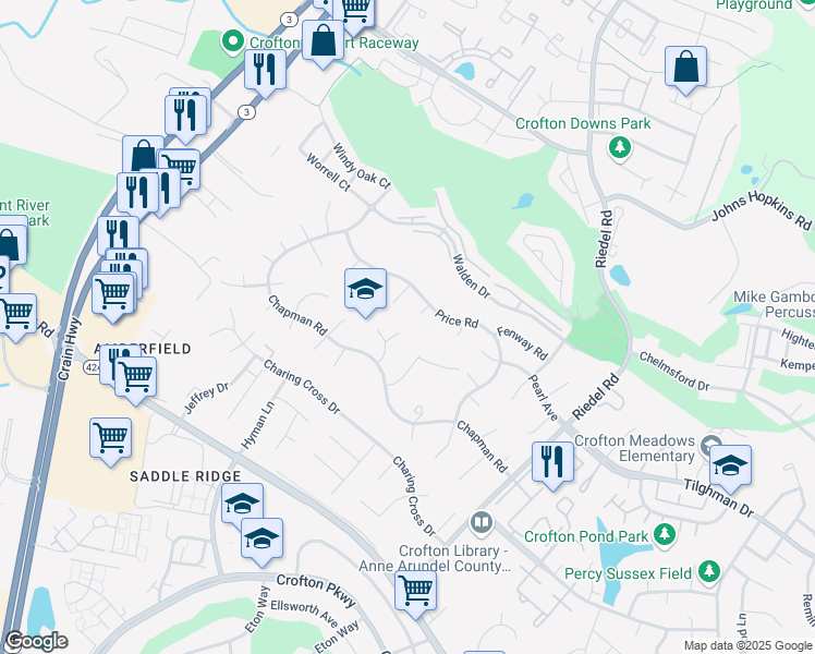 map of restaurants, bars, coffee shops, grocery stores, and more near 1508 Verdis Court in Crofton