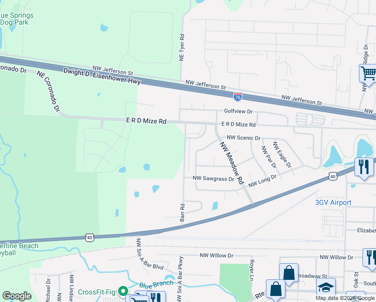 map of restaurants, bars, coffee shops, grocery stores, and more near 207 Barr Road in Grain Valley