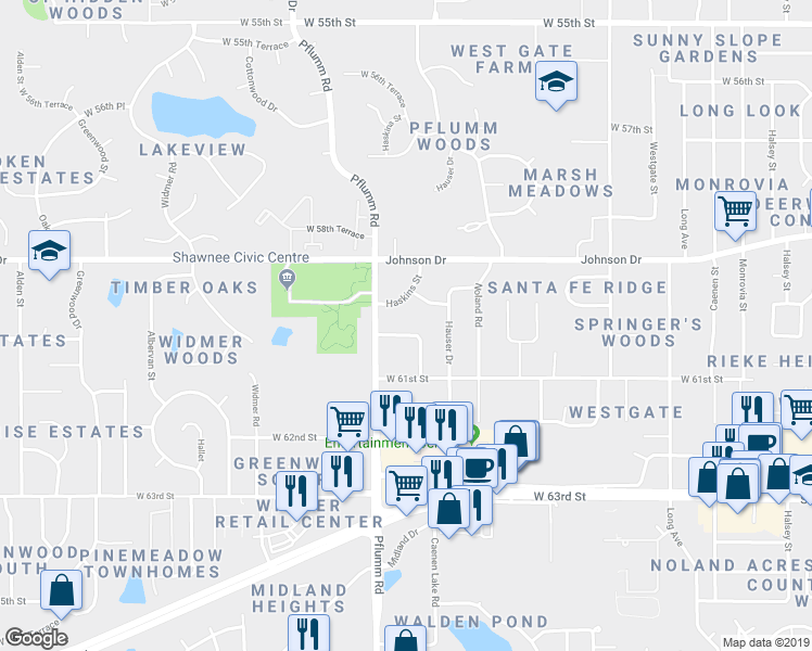 map of restaurants, bars, coffee shops, grocery stores, and more near 13408 West 60th Street in Shawnee