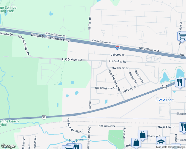 map of restaurants, bars, coffee shops, grocery stores, and more near 211 Barr Road in Grain Valley