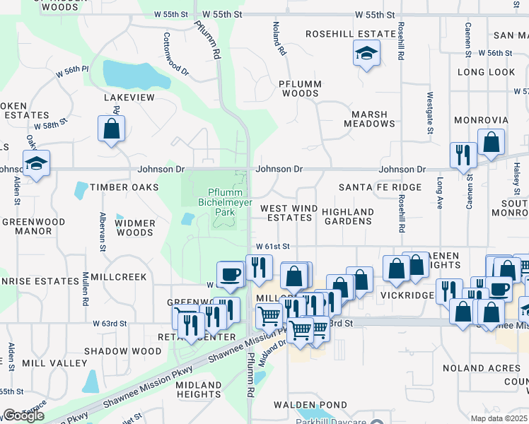 map of restaurants, bars, coffee shops, grocery stores, and more near 13407 West 60th Street in Shawnee