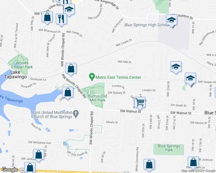 map of restaurants, bars, coffee shops, grocery stores, and more near 214 Northwest 27th Street in Blue Springs