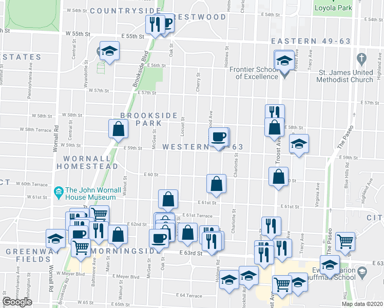 map of restaurants, bars, coffee shops, grocery stores, and more near 5902 Cherry Street in Kansas City