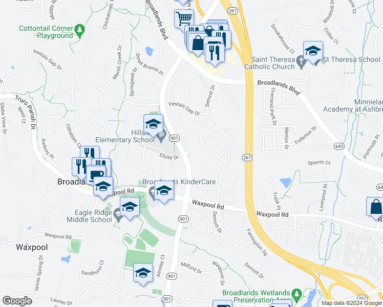 map of restaurants, bars, coffee shops, grocery stores, and more near 21578 Harvest Green Terrace in Broadlands