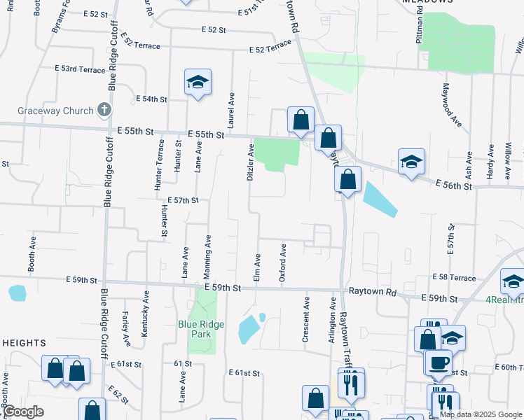 map of restaurants, bars, coffee shops, grocery stores, and more near 5705 Elm Avenue in Raytown