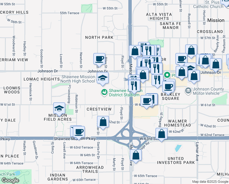 map of restaurants, bars, coffee shops, grocery stores, and more near in Overland Park