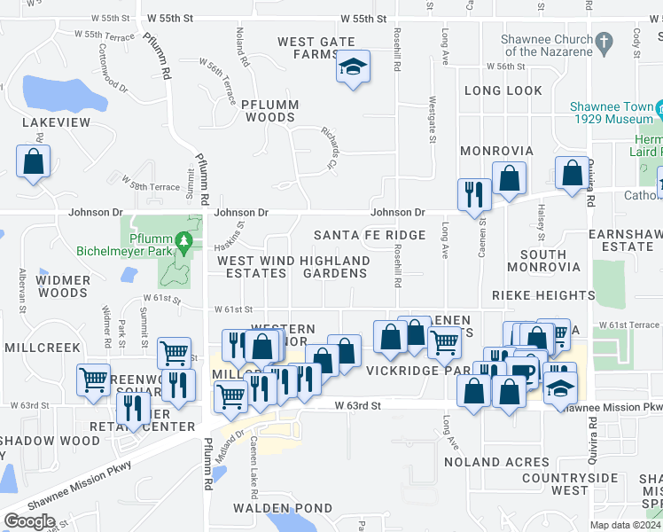 map of restaurants, bars, coffee shops, grocery stores, and more near 6013 West Richards Drive in Shawnee