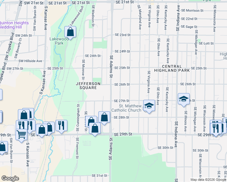 map of restaurants, bars, coffee shops, grocery stores, and more near 2634 Southeast Adams Street in Topeka